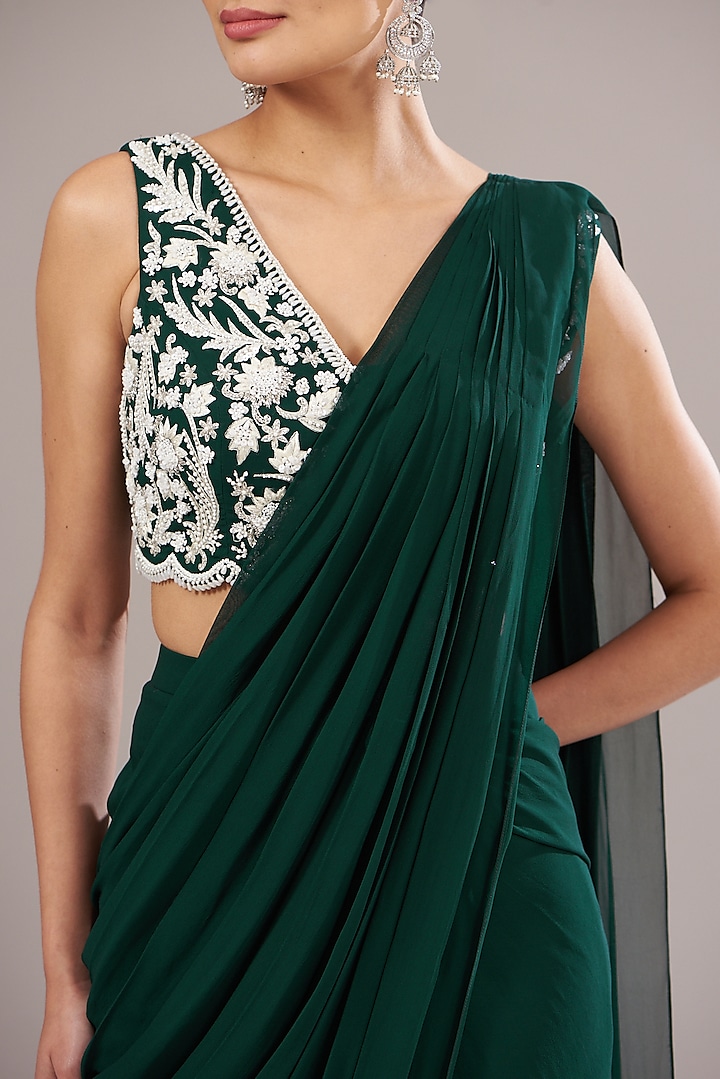 Emerald Green Georgette Draped Wedding Saree Set by Seema Thukral at Pernia's Pop Up Shop