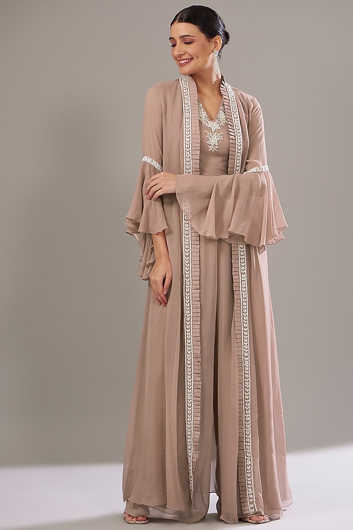 Dusty Pink Georgette Embellished Jumpsuit With Jacket by Seema Thukral