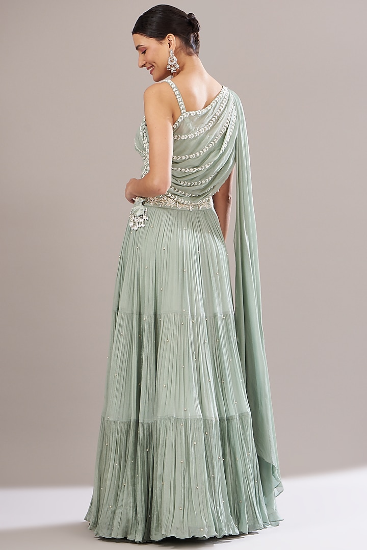 Pastel Green Chiffon Embellished Wedding Lehenga Set by Seema Thukral at Pernia's Pop Up Shop