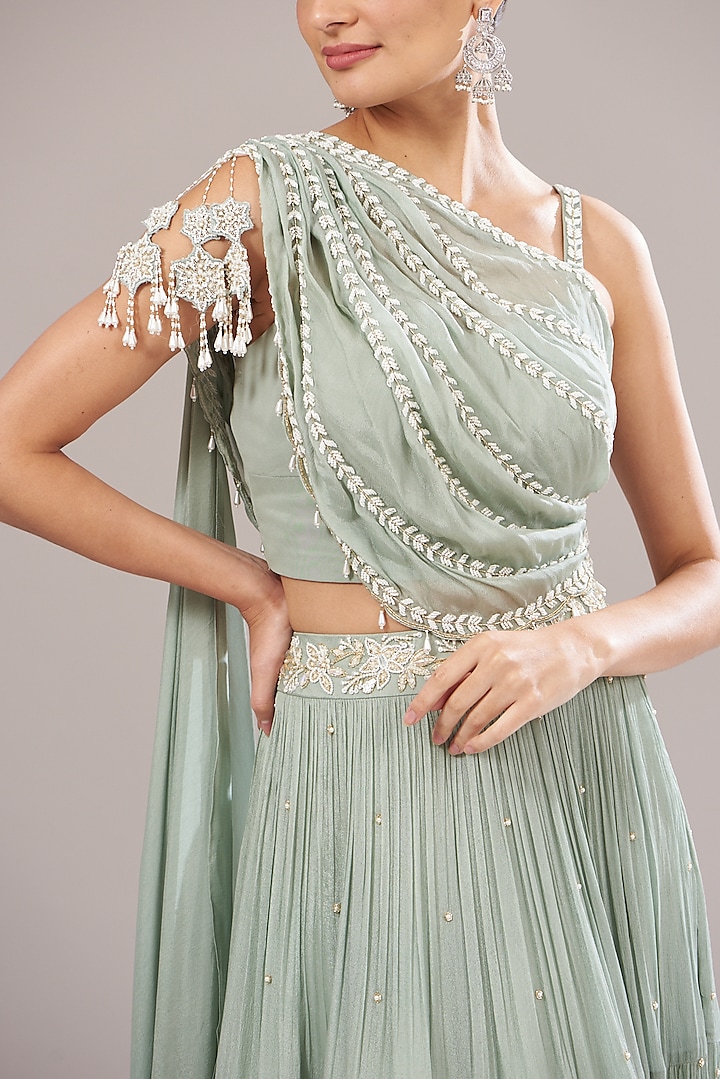 Pastel Green Chiffon Embellished Wedding Lehenga Set by Seema Thukral at Pernia's Pop Up Shop