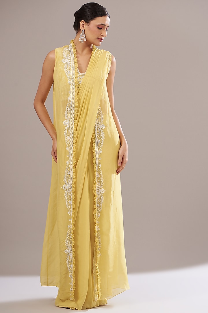 Yellow Georgette & Organza Embellished Jacket Saree Set by Seema Thukral