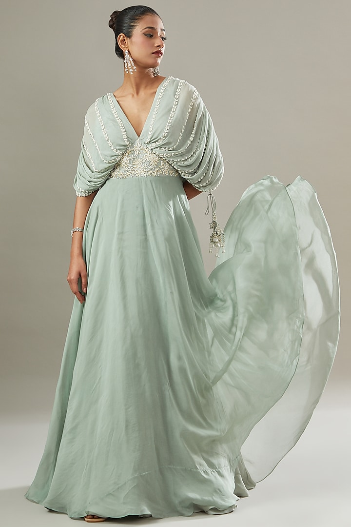 Sage Green Chiffon & Organza Embroidered Draped Anarkali by Seema Thukral at Pernia's Pop Up Shop