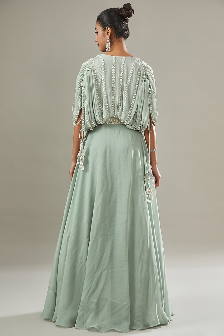 Sage Green Chiffon & Organza Embroidered Draped Wedding Anarkali by Seema Thukral at Pernia's Pop Up Shop
