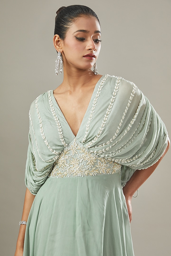 Sage Green Chiffon & Organza Embroidered Draped Wedding Anarkali by Seema Thukral at Pernia's Pop Up Shop