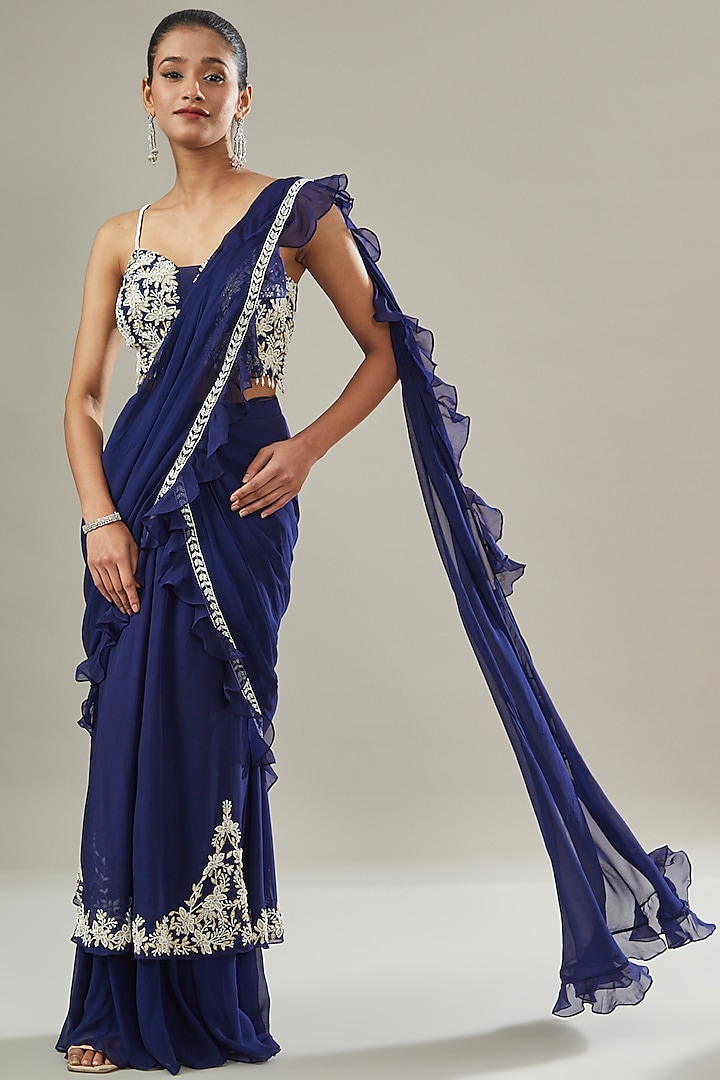 Electric Blue Georgette & Organza Embroidered Pre-Draped Saree Set by Seema Thukral at Pernia's Pop Up Shop