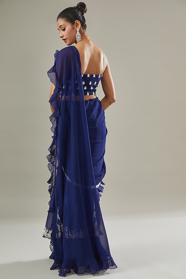 Electric Blue Georgette & Organza Embroidered Pre-Draped Wedding Saree Set by Seema Thukral at Pernia's Pop Up Shop
