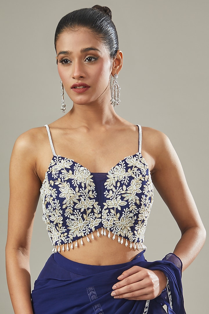 Electric Blue Georgette & Organza Embroidered Pre-Draped Wedding Saree Set by Seema Thukral at Pernia's Pop Up Shop