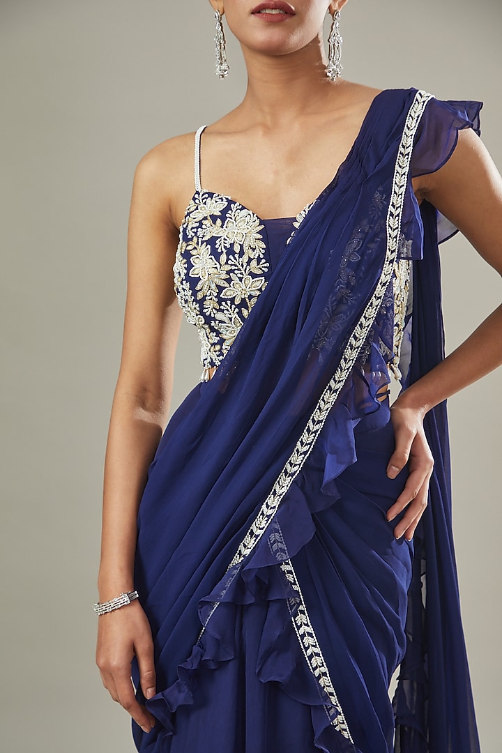 Electric Blue Georgette & Organza Embroidered Pre-Draped Wedding Saree Set by Seema Thukral at Pernia's Pop Up Shop