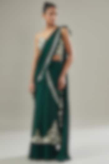 Emerald Green Georgette & Organza Embroidered Pre-Draped Saree Set by Seema Thukral at Pernia's Pop Up Shop