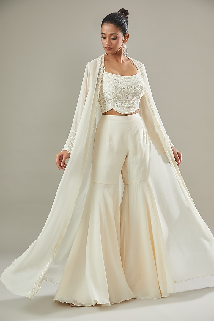Ivory Georgette & Organza Embroidered Jacket Set by Seema Thukral at Pernia's Pop Up Shop