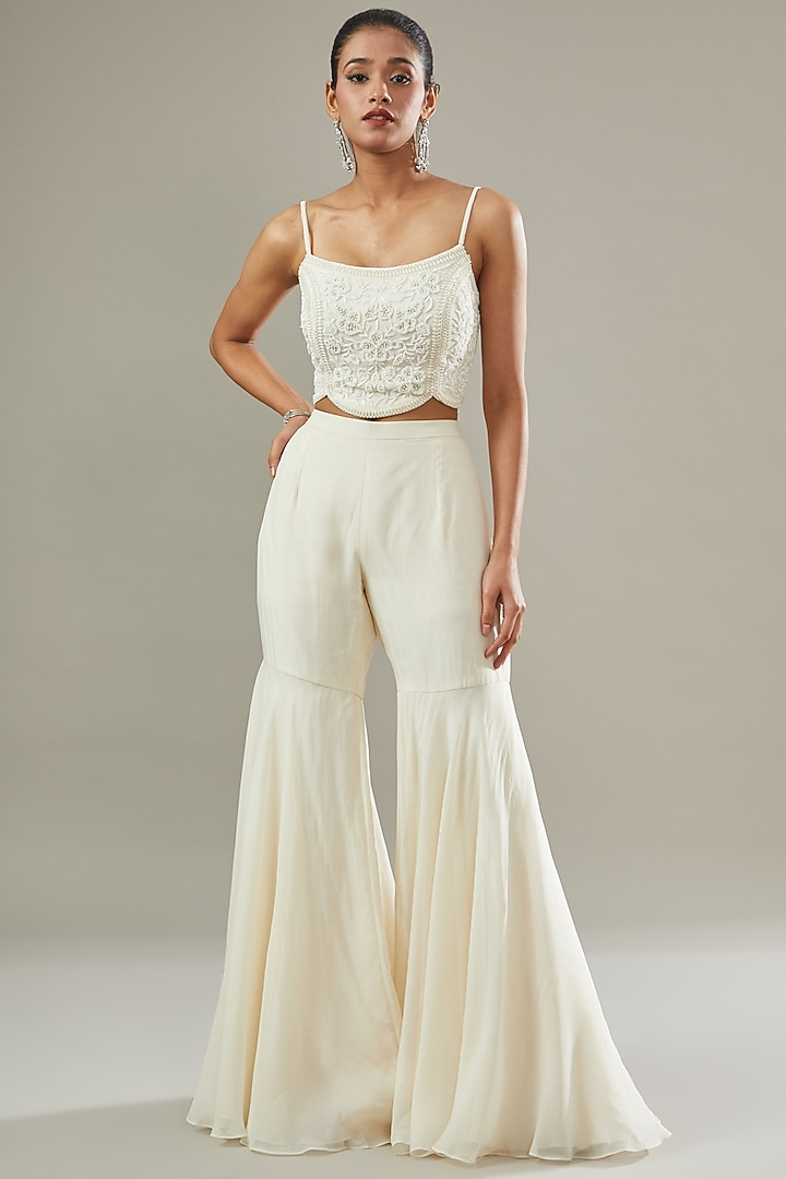 Ivory Georgette & Organza Embroidered Jacket Set by Seema Thukral at Pernia's Pop Up Shop