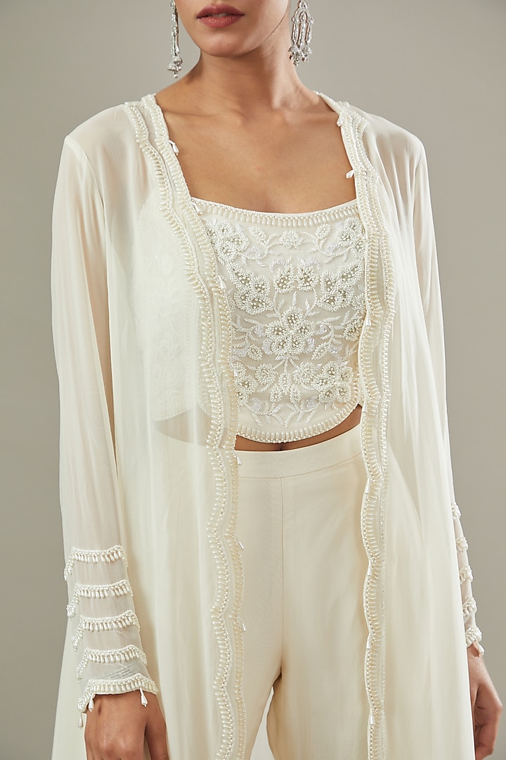 Ivory Georgette & Organza Embroidered Jacket Set by Seema Thukral at Pernia's Pop Up Shop