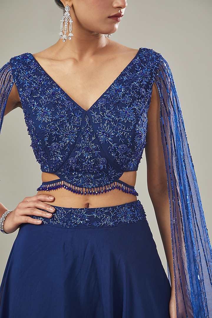 Electric Blue Organza Embellished Skirt Set by Seema Thukral at Pernia's Pop Up Shop