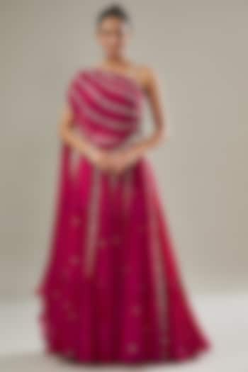 Fuchsia Pink Chiffon Embellished Wedding Lehenga Set by Seema Thukral at Pernia's Pop Up Shop