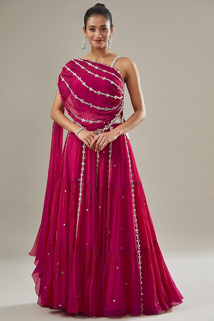 Fuchsia Pink Chiffon Embellished Wedding Lehenga Set by Seema Thukral at Pernia's Pop Up Shop