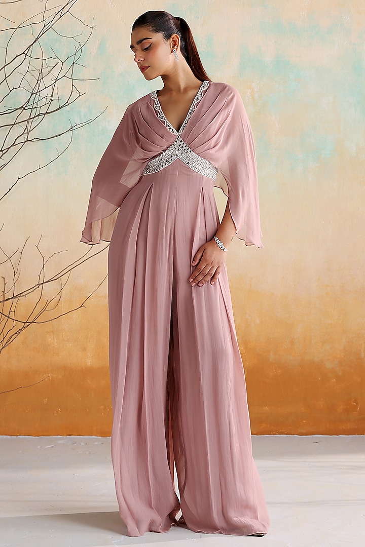 Dusty Pink Georgette Pearl Embellished Pleated Jumpsuit by Seema Thukral at Pernia's Pop Up Shop