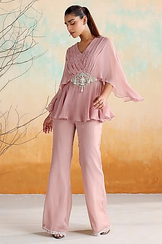 Dusty Pink Georgette & Organza Zari Embellished Co-Ord Set by Seema Thukral