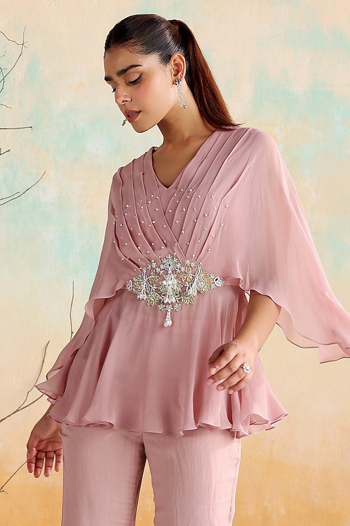 Dusty Pink Georgette & Organza Zari Embellished Co-Ord Set by Seema Thukral at Pernia's Pop Up Shop