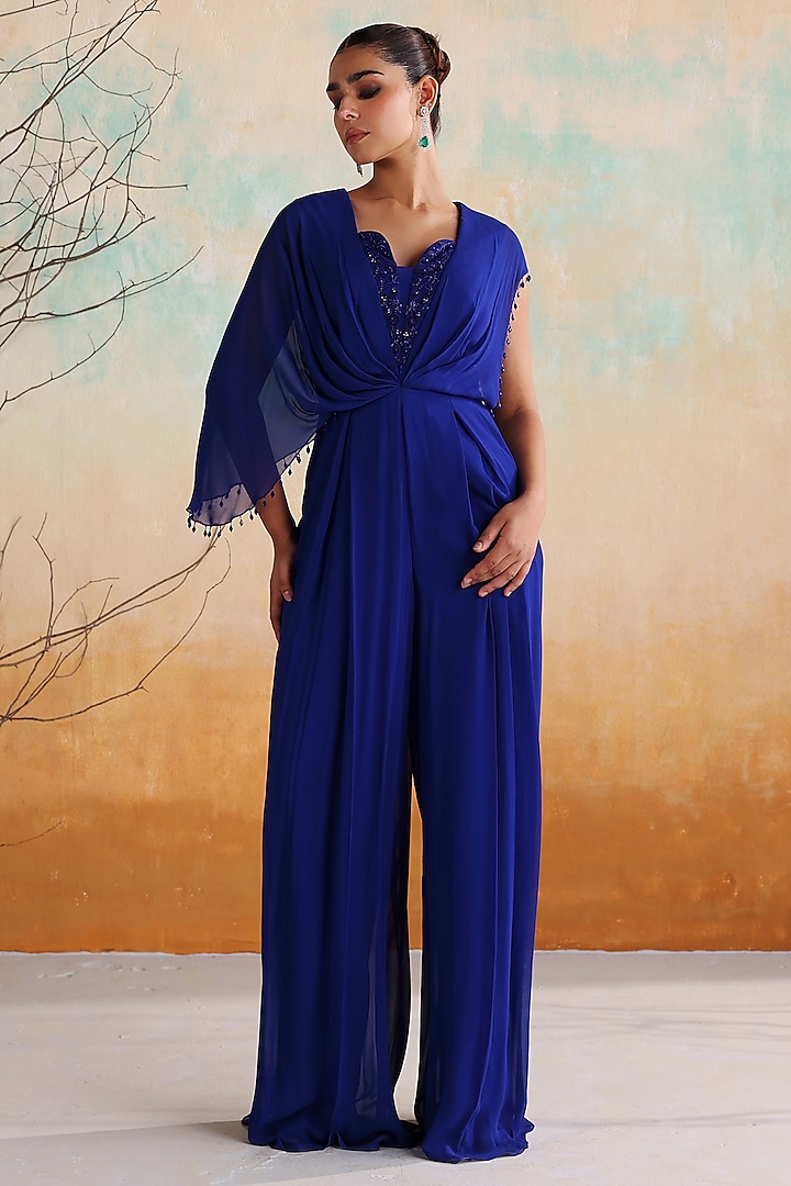 Electric Blue Georgette Crystal Embellished Pleated Jumpsuit by Seema Thukral at Pernia's Pop Up Shop