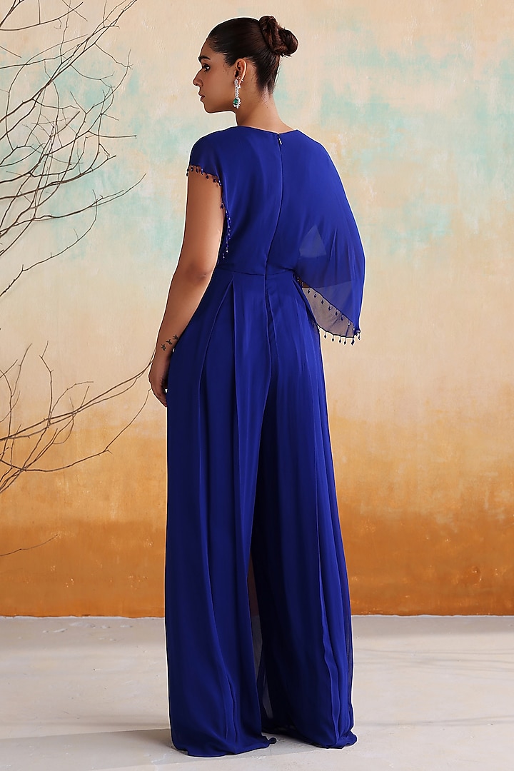 Electric Blue Georgette Crystal Embellished Pleated Jumpsuit by Seema Thukral at Pernia's Pop Up Shop