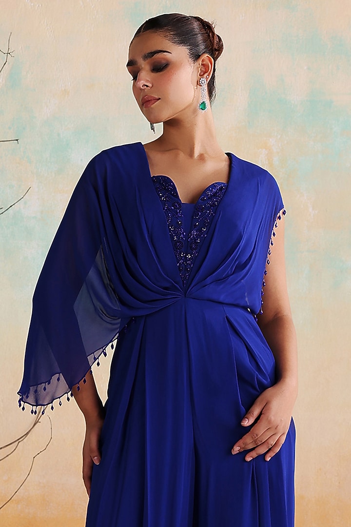Electric Blue Georgette Crystal Embellished Pleated Jumpsuit by Seema Thukral at Pernia's Pop Up Shop