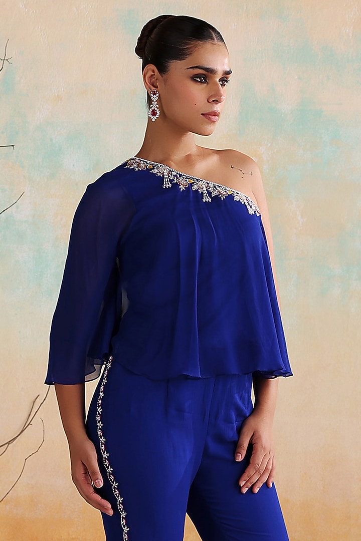 Electric Blue Georgette Zari Embellished Co-Ord Set by Seema Thukral at Pernia's Pop Up Shop