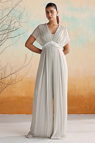Grey Georgette Pearl Embellished Pleated Jumpsuit by Seema Thukral