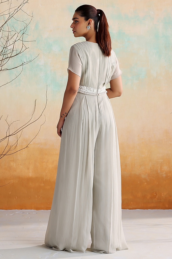Grey Georgette Pearl Embellished Pleated Jumpsuit by Seema Thukral at Pernia's Pop Up Shop