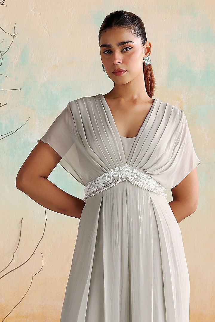 Grey Georgette Pearl Embellished Pleated Jumpsuit by Seema Thukral at Pernia's Pop Up Shop