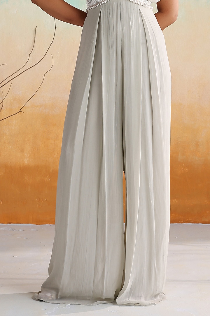 Grey Georgette Pearl Embellished Pleated Jumpsuit by Seema Thukral at Pernia's Pop Up Shop