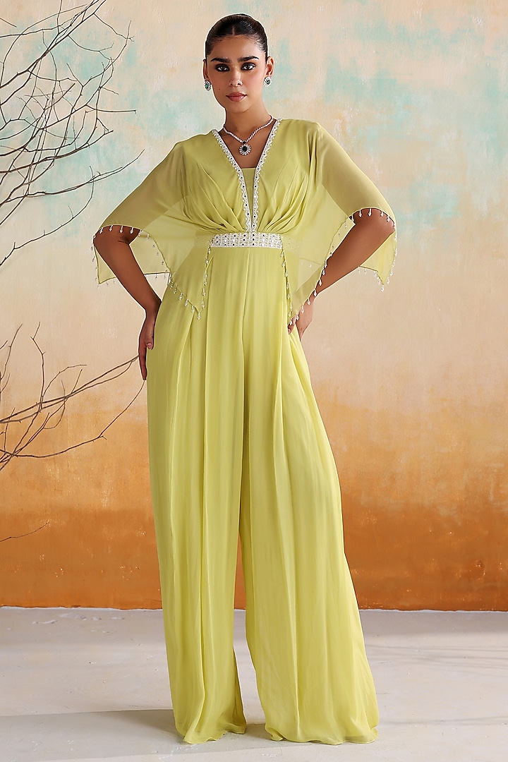 Neon Green Georgette Hand Embellished Pleated Jumpsuit by Seema Thukral at Pernia's Pop Up Shop