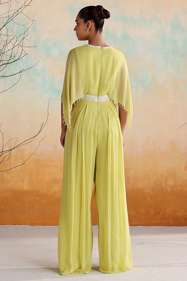 Neon Green Georgette Hand Embellished Pleated Jumpsuit by Seema Thukral at Pernia's Pop Up Shop