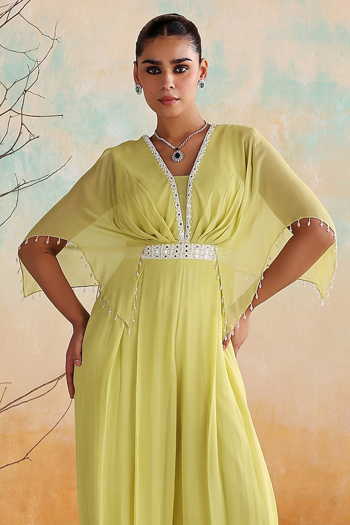 Neon Green Georgette Hand Embellished Pleated Jumpsuit by Seema Thukral at Pernia's Pop Up Shop