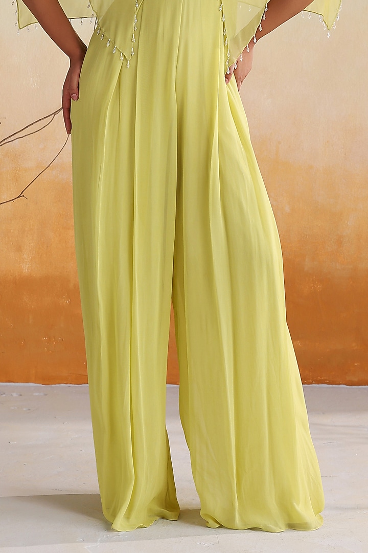 Neon Green Georgette Hand Embellished Pleated Jumpsuit by Seema Thukral at Pernia's Pop Up Shop