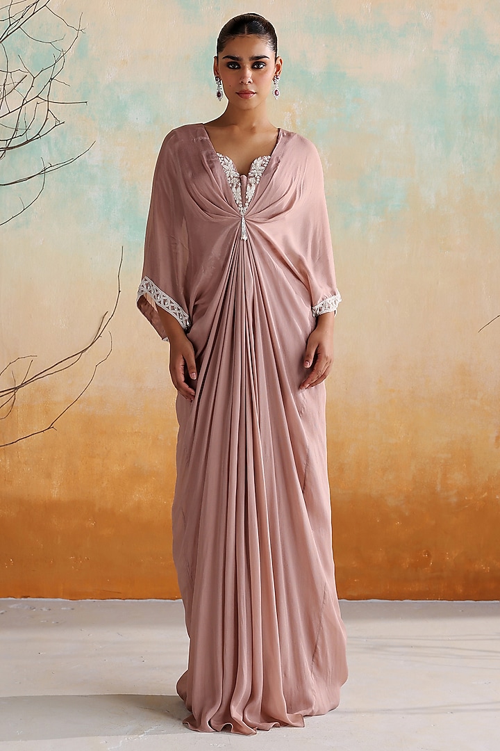 Dusty Pink Chiffon Resham Embellished Kaftan by Seema Thukral at Pernia's Pop Up Shop