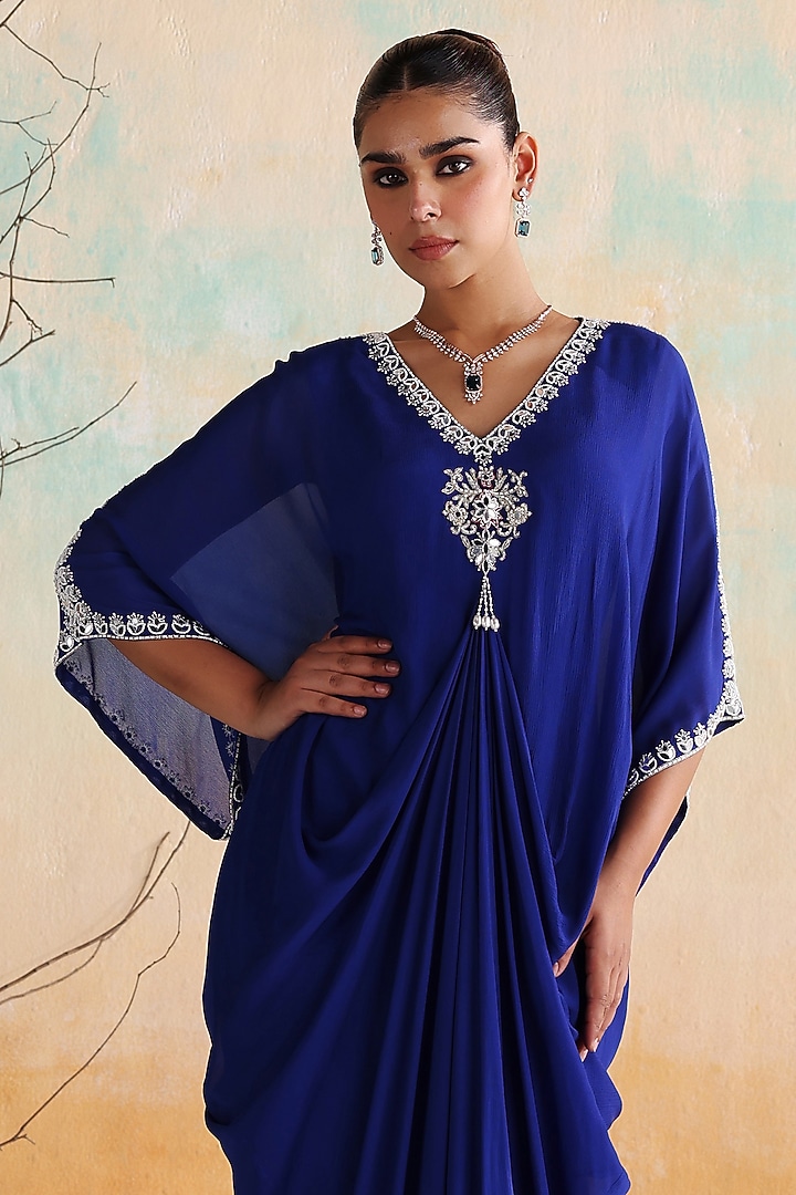 Electric Blue Chiffon Mirror Embellished Kaftan by Seema Thukral at Pernia's Pop Up Shop