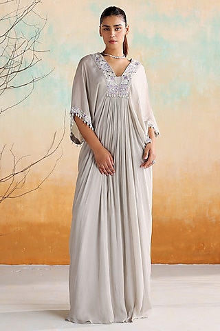 Grey Chiffon Zari Hand Embellished Kaftan by Seema Thukral