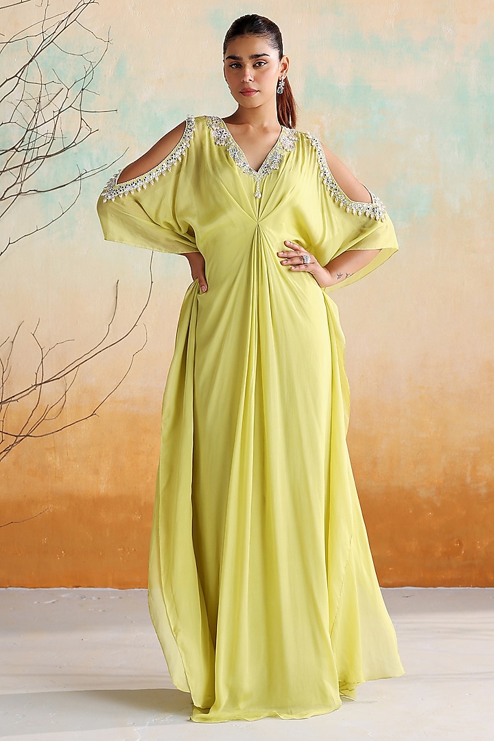 Neon Green Chiffon Zari Hand Embellished Kaftan by Seema Thukral at Pernia's Pop Up Shop