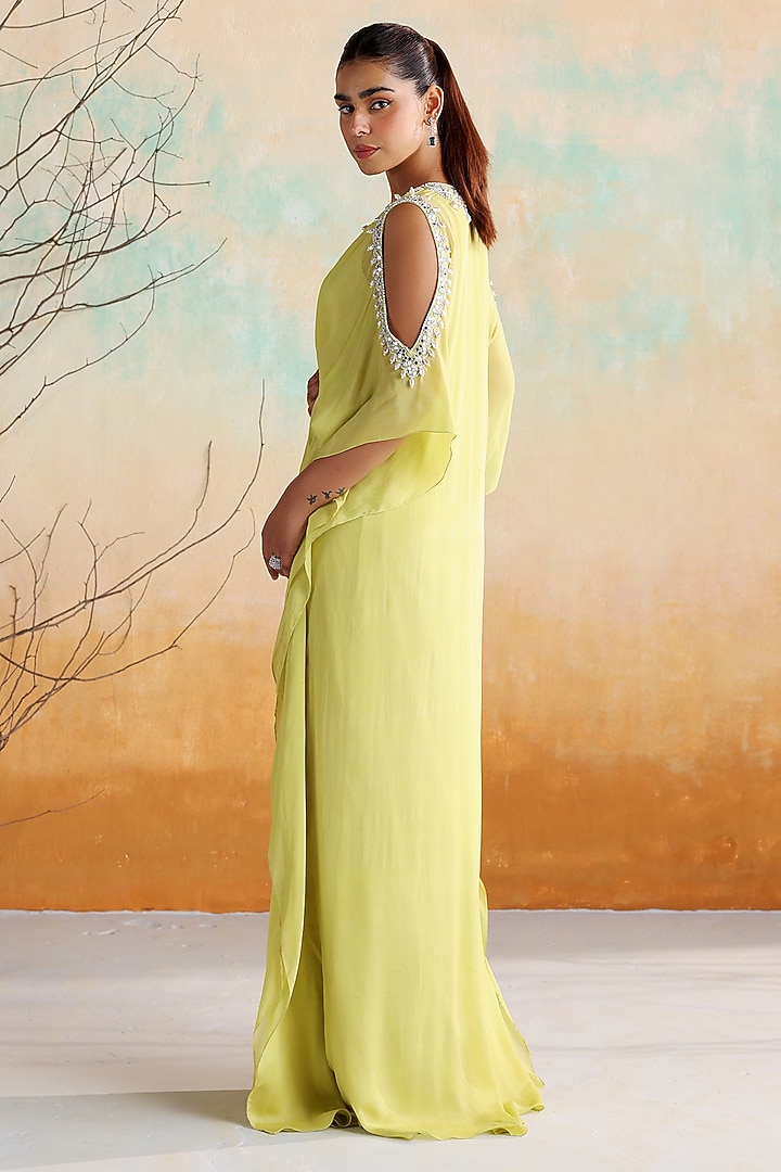 Neon Green Chiffon Zari Hand Embellished Kaftan by Seema Thukral at Pernia's Pop Up Shop