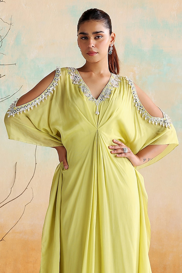 Neon Green Chiffon Zari Hand Embellished Kaftan by Seema Thukral at Pernia's Pop Up Shop