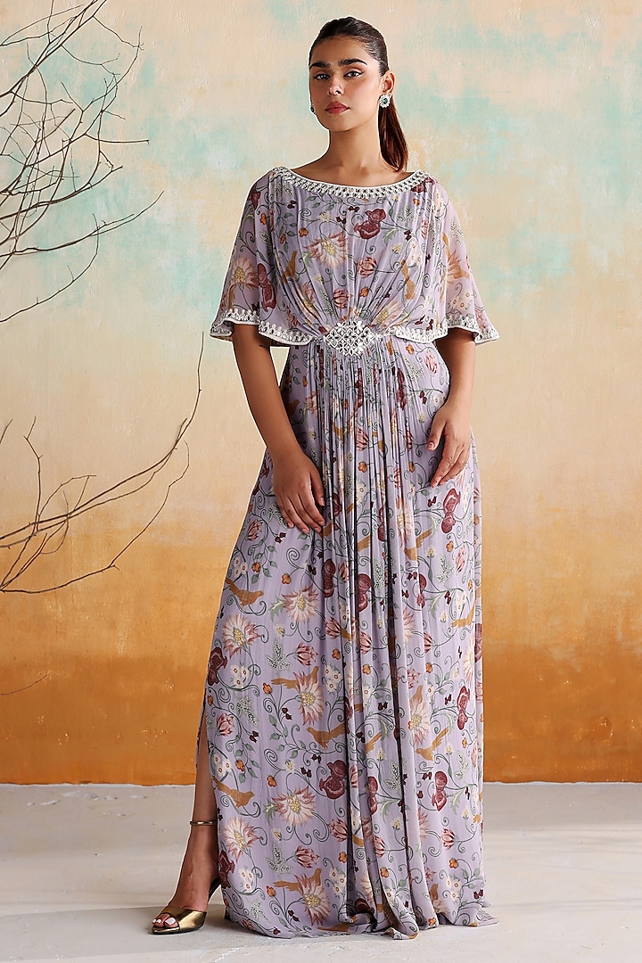 Lilac Georgette Printed & Embellished Draped Maxi Dress by Seema Thukral at Pernia's Pop Up Shop