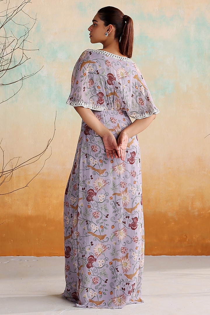 Lilac Georgette Printed & Embellished Draped Maxi Vacation Dress by Seema Thukral at Pernia's Pop Up Shop