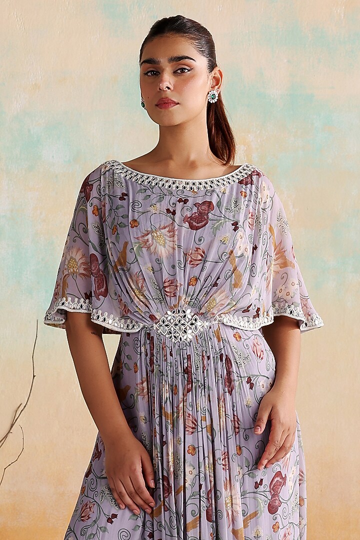 Lilac Georgette Printed & Embellished Draped Maxi Vacation Dress by Seema Thukral at Pernia's Pop Up Shop