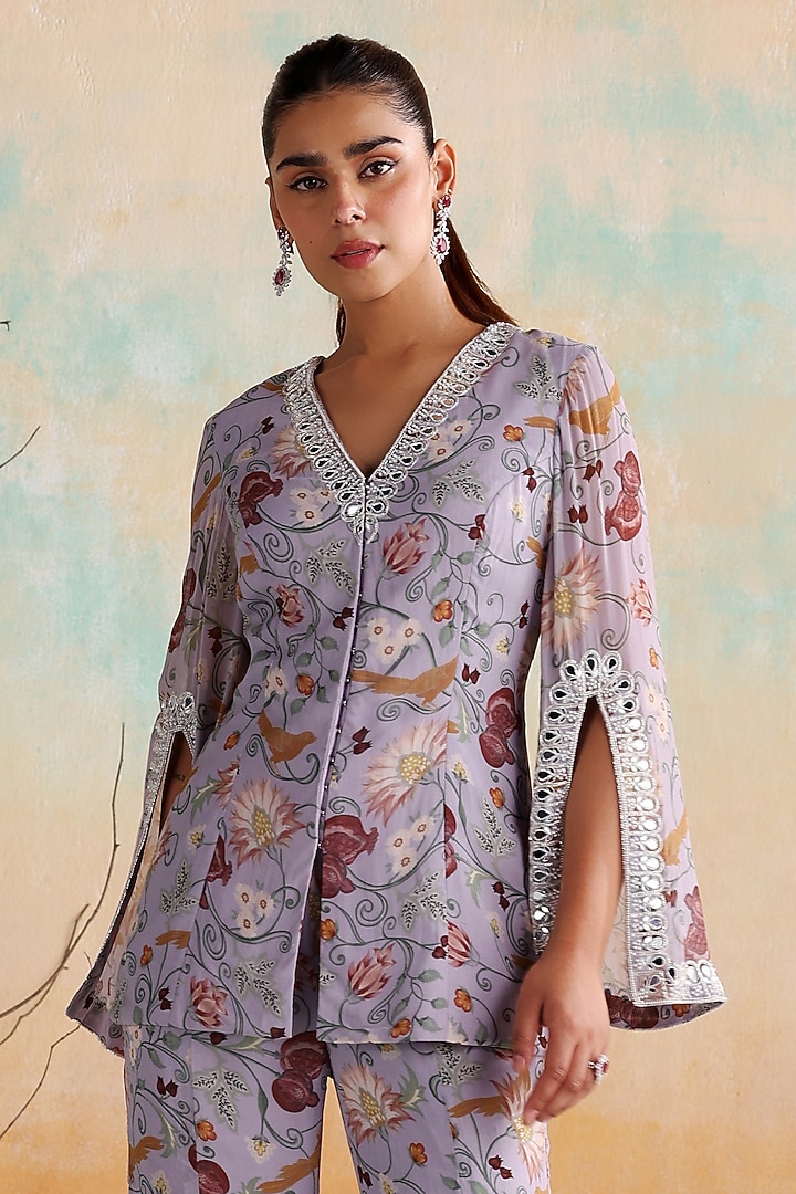 Lilac Georgette Printed & Embellished Co-Ord Set by Seema Thukral at Pernia's Pop Up Shop