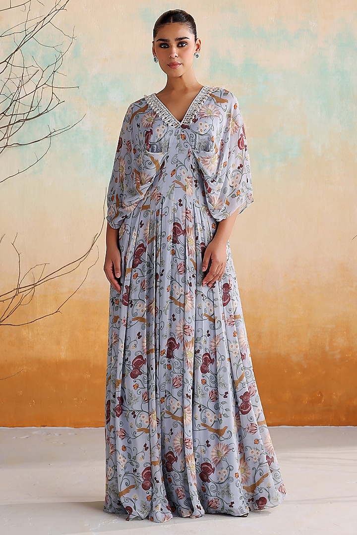 Powder Blue Georgette Printed & Embellished Draped Maxi Dress by Seema Thukral at Pernia's Pop Up Shop