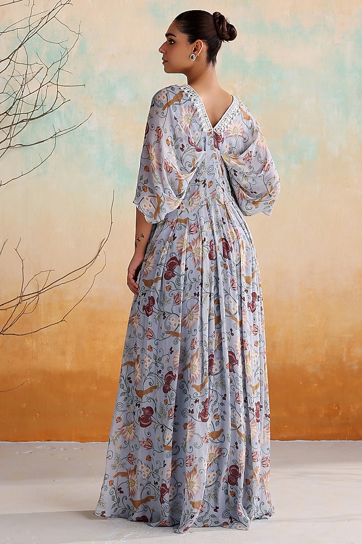 Powder Blue Georgette Printed & Embellished Draped Maxi Vacation Dress by Seema Thukral at Pernia's Pop Up Shop