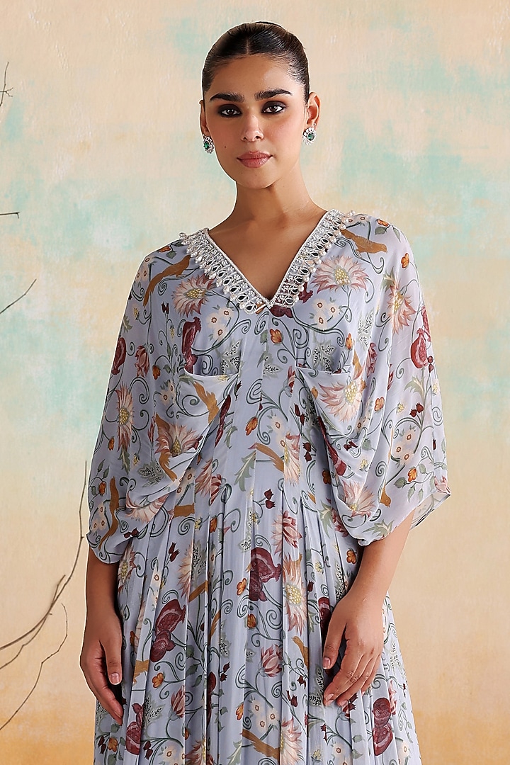 Powder Blue Georgette Printed & Embellished Draped Maxi Vacation Dress by Seema Thukral at Pernia's Pop Up Shop