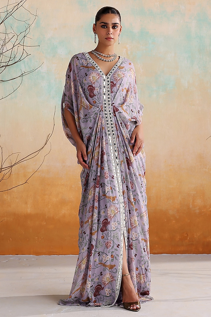 Lilac Georgette Printed & Hand Embellished Kaftan by Seema Thukral at Pernia's Pop Up Shop