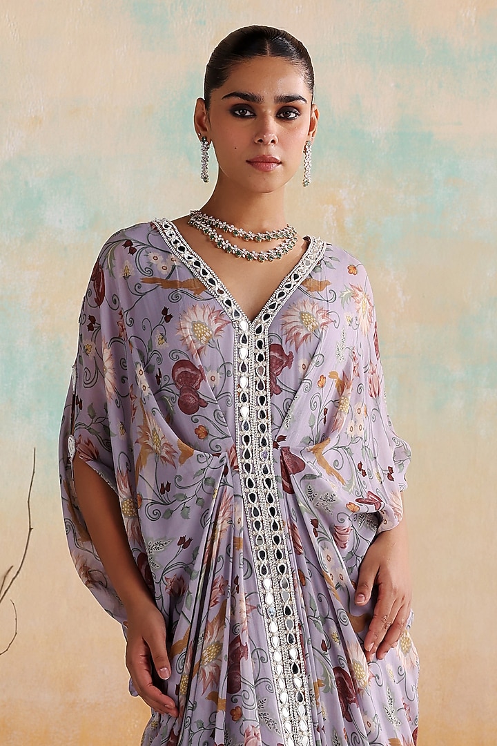 Lilac Georgette Printed & Hand Embellished Kaftan by Seema Thukral at Pernia's Pop Up Shop