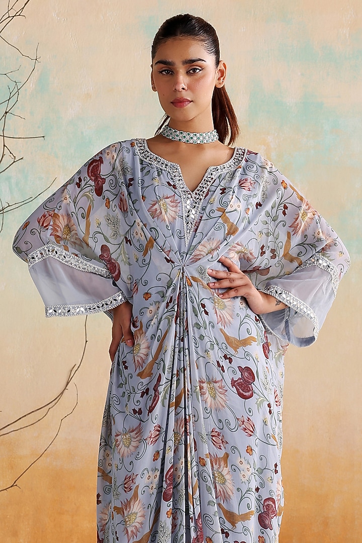 Powder Blue Organza Printed & Embellished Kaftan by Seema Thukral at Pernia's Pop Up Shop